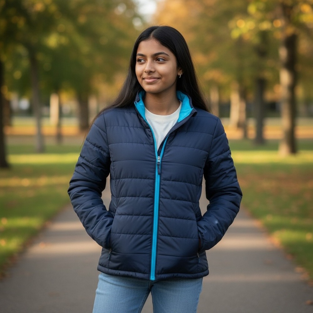 Girls Navy Teal Puffer Jacket Winter Coat Full Zip Warm Size L 12 -14